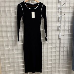 Elegant Black Long Sleeve Dress with White Trim